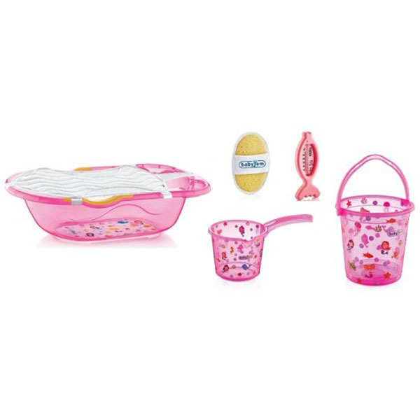 BabyJem Set za Kupanje Bebe (6 Delova) Pink (kadica, podloga,termometar, sundjer, bokal, kofica) 92-35404 - ODDO igračke
