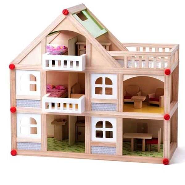 Woody Drvena Kućica za lutke dvospratna sa balkonima 91329   - ODDO igračke