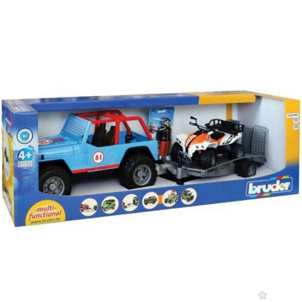 Bruder Jeep cross Country Racer bleue avec remorque, quad et