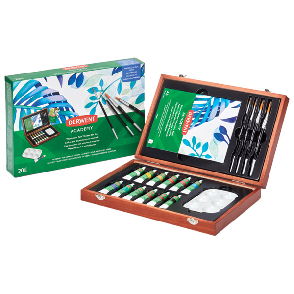 Set u drvenoj kutiji Boje Aquarelle 12ml 12boja+pribor Academy Derwent 2305673 - ODDO igračke
